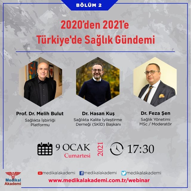 Medikal Akademi Sağlık Gündemi Programımızın ikinci bölümünde '2020’den 2021’e Türkiye'de Sağlık Gündemi ve Gelecek Vizyonu' konusunda yaşanan önemli gelişmeleri Prof. Dr. Melih Bulut ve Dr. Hasan Kuş ile Dr. Feza Şen moderatörlüğünde konuştuk.